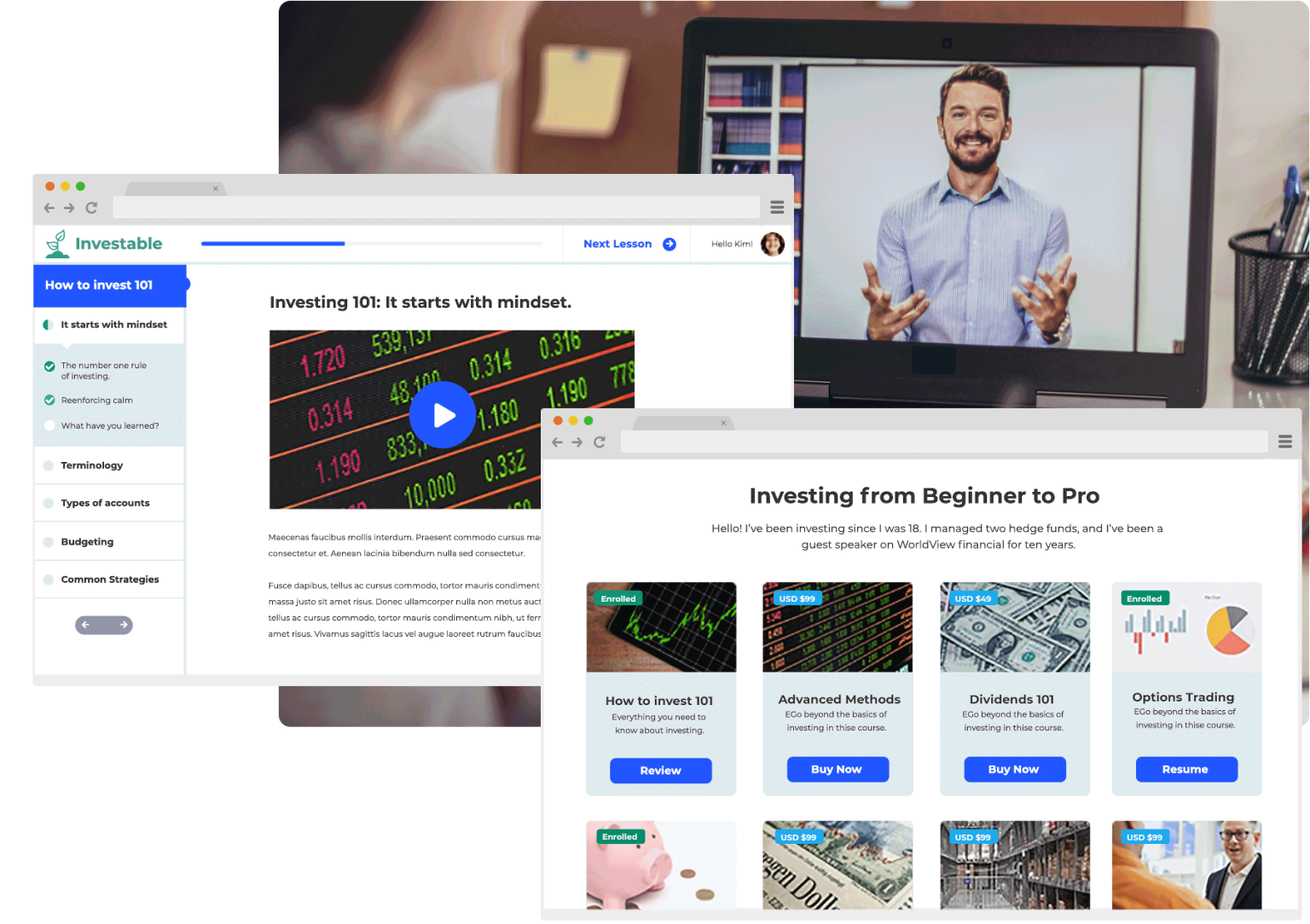 Screenshot of a professional online course platform dashboard and hero section.